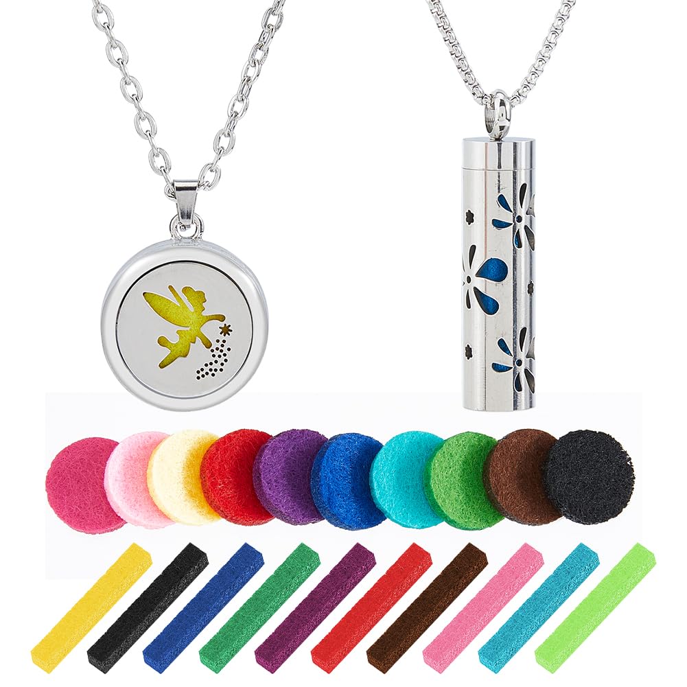 Hobbspring 2 Sets Aromatherapy Essential Oil Diffuser Necklace 2 Styles Diffuser Stainless Steel Oil Pendant with 20Pcs Felt Pads Aromatherapy Bottle Locket Necklaces Gift for Woman Men