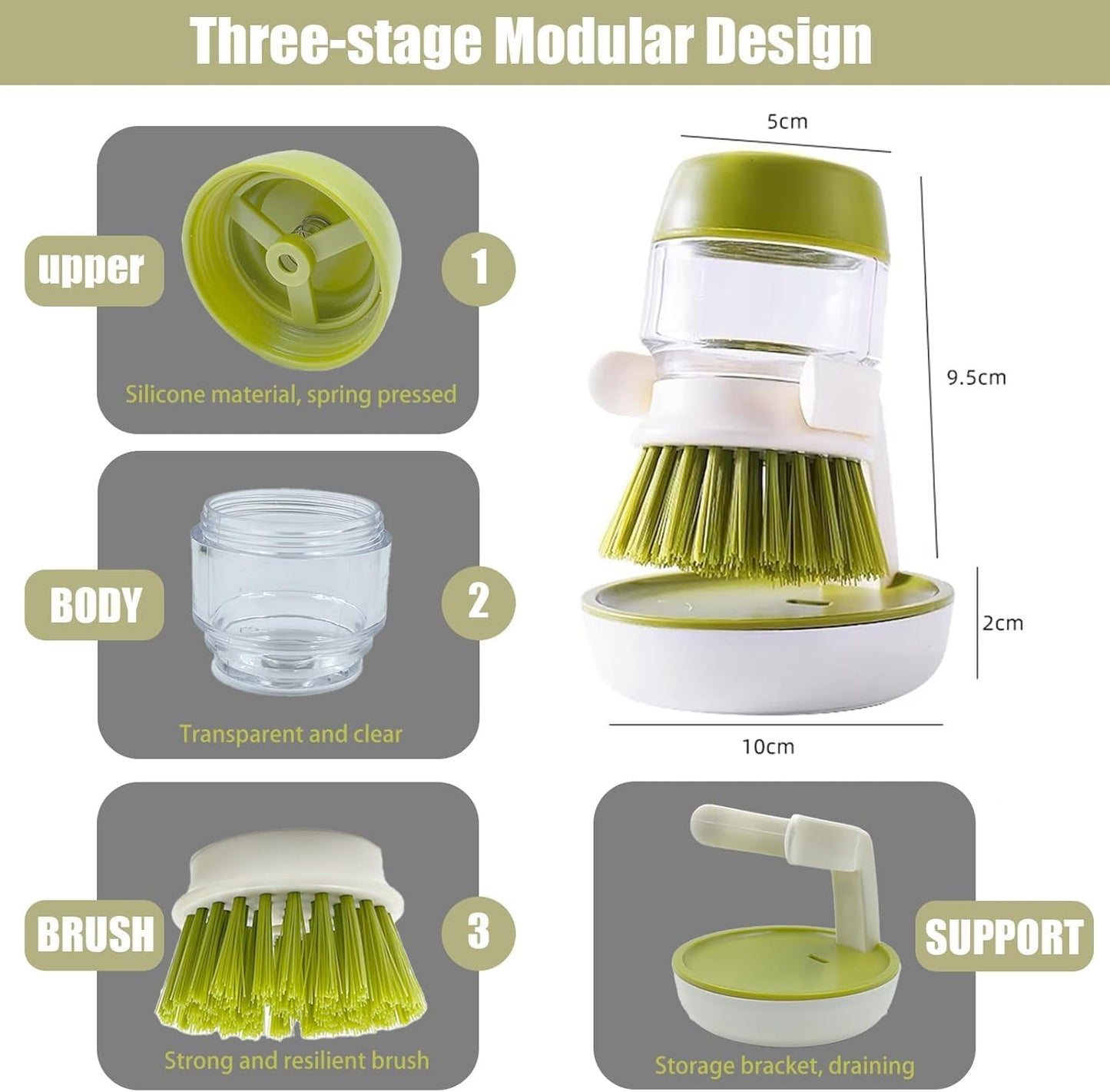Good Grips Soap Dispensing Palm Brush, Dish Scrub Brush, Kitchen Brushes for Dishes, Kitchen Brush with Holder for Pot Pan Sink Cleaning (Green)