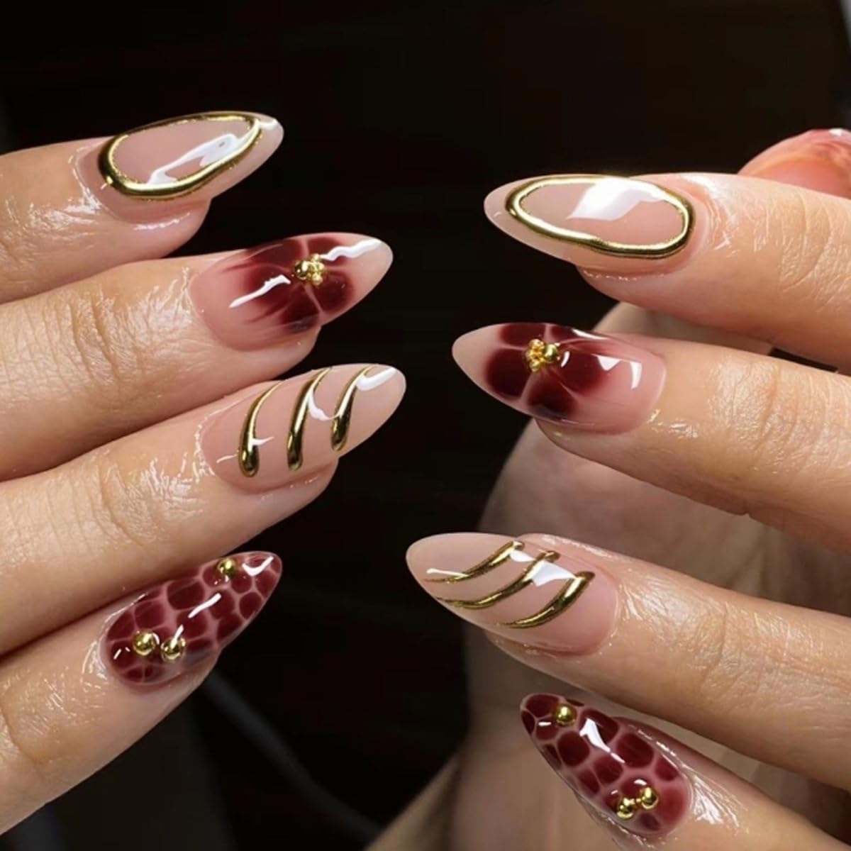 Medium Almond Press on Nails - 3D Gold Line, Red Flower & Alligator Print Design, Full Cover Glossy Fake Nails 24PCS for Women