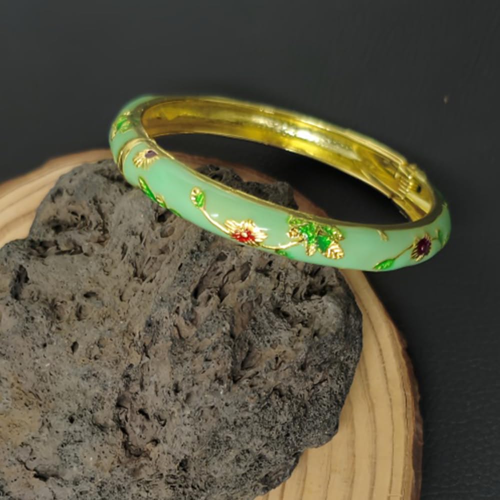 BlingNook Cloisonne Bracelet For Women, Chunky Bangle Trendy Cute Flower Enamel Bangles Multi Tone Engraved Cuff Gold Plated Bracelets Stackable Wife Jewelry Friendship Gift (Light Green, One Size)