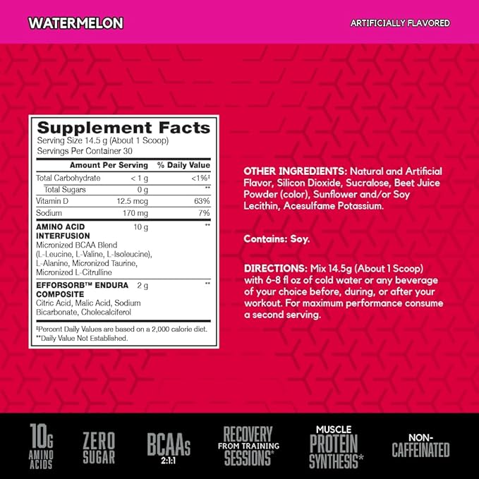 BSN Amino X Muscle Recovery & Endurance Powder with BCAAs, 10 Grams of Amino Acids, Keto Friendly, Caffeine Free, Flavor: Watermelon, 30 servings (Packaging may vary)