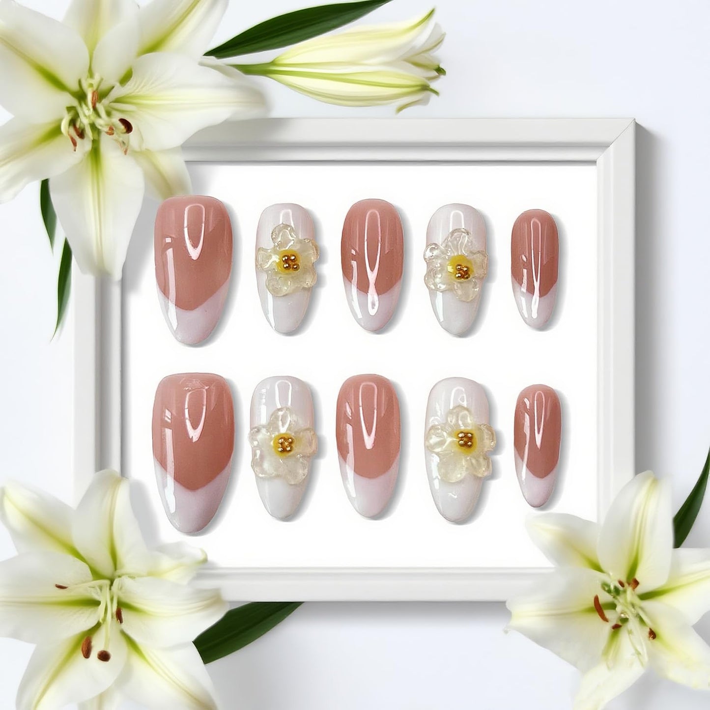 Handmade Press on Nails Medium Almond Fake Nails Press Ons White 3D Luxury Elegant Flower Full Cover Stick on Nails Glue on Nails for Women Girls Manicure (Clear White S)