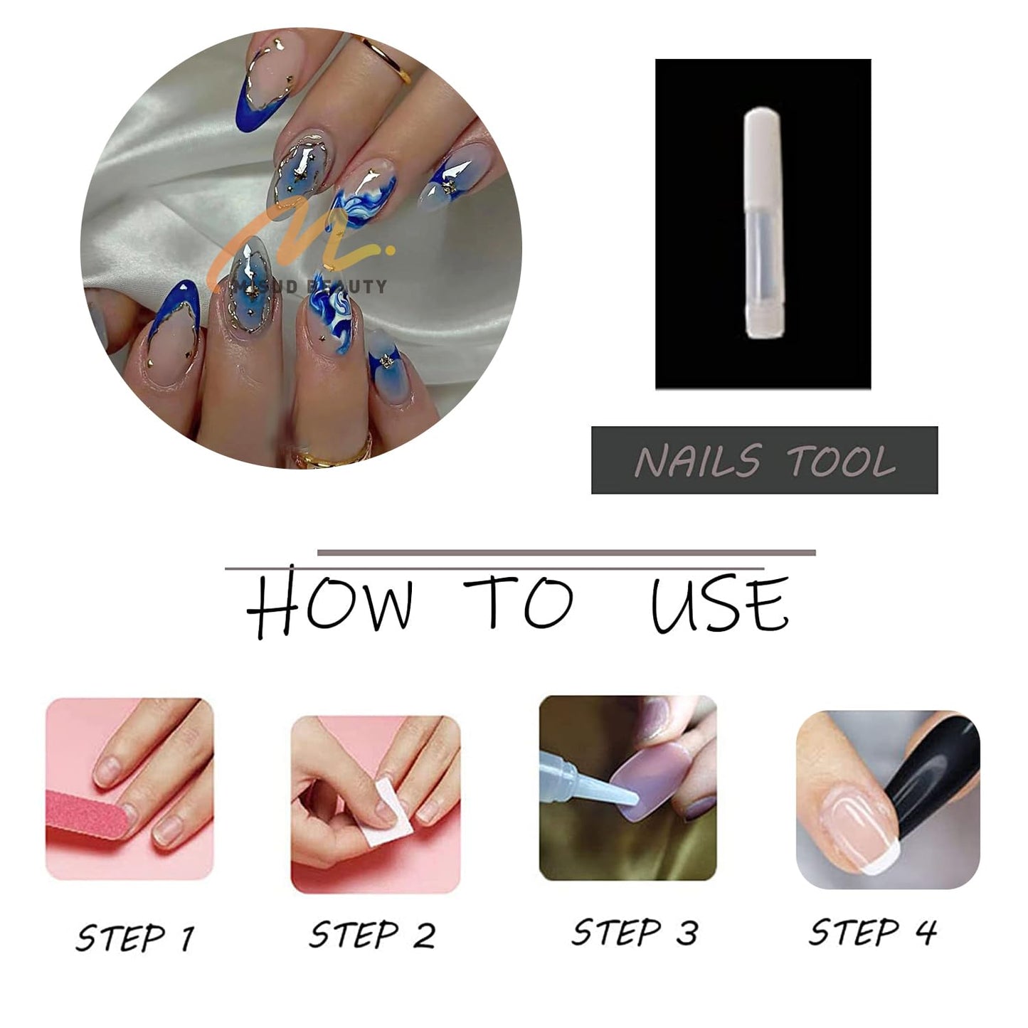 MISUD Press on Nails - Medium Almond Fake Nails with Summer Beach Acrylic Blue Ombre Design 24 pcs
