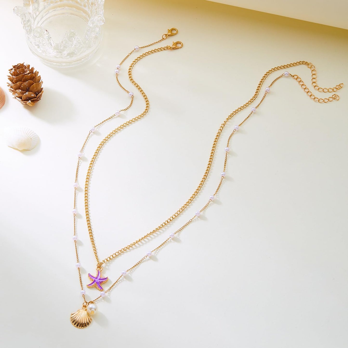 Cicod Starfish Necklace Gold SeaShell Charm Necklaces Boho Layered Conch Turtles Sea Shell Necklaces Summer Beach Jewelry for Women (Purple)
