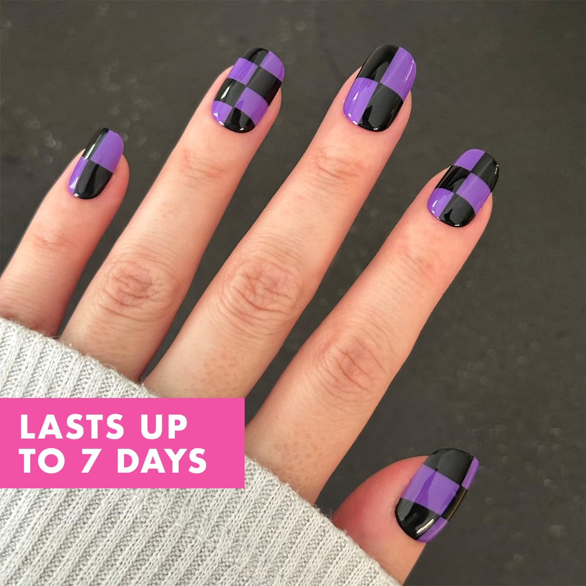 Olive & June Super Stick Mani Press-On Nails | Short Squoval |No Glue Needed | 32 Tab Nails, 16 Sizes, Last Up To 7 Days| Non-Toxic, Easy On-Off Non-Damaging | Halloween Purple Checker Party