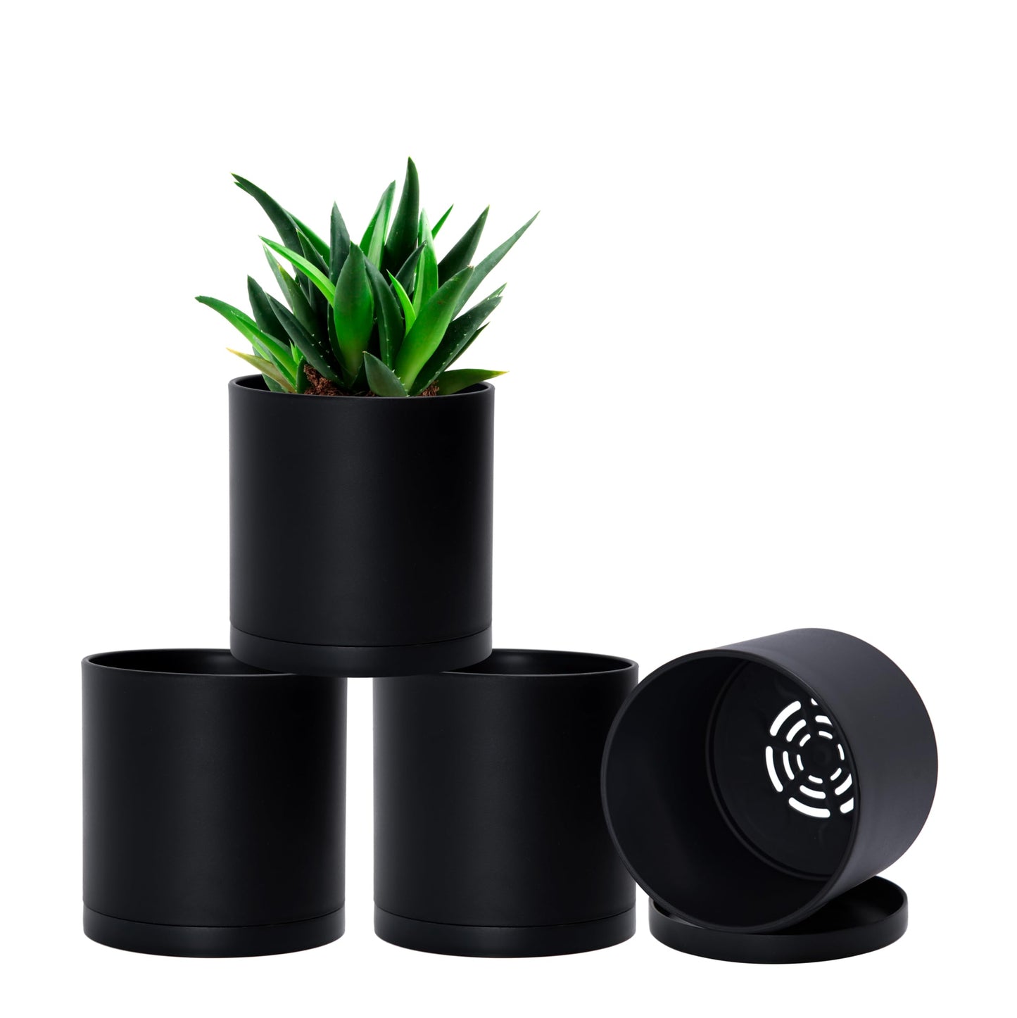 D'vine Dev 4 Pack 5 Inch Modern Plastic Plant Pots, Small Garden Planters for Plant with Drainage Holes and Saucers, Black Color, 74-Y-G-2