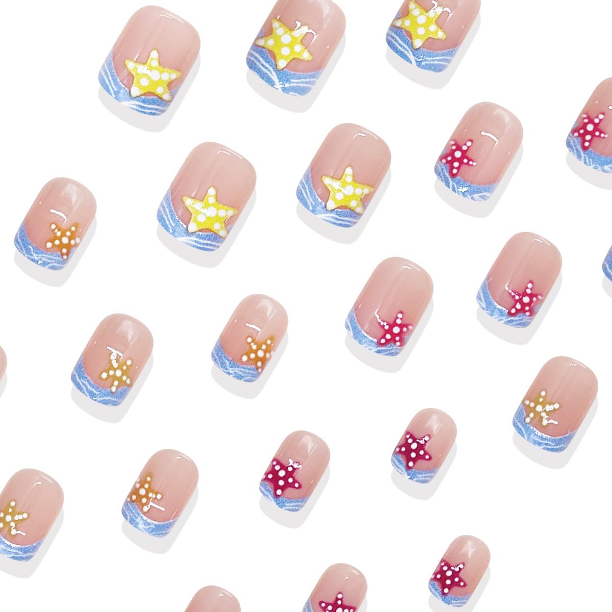 Summer Press on Nails Short Square Fake Nails Beach French Tip Nails Press ons with Starfish Design Full Cover Stick on Nails for Women Manicure,Artificial | Reusable | Easy Apply | 24Pcs
