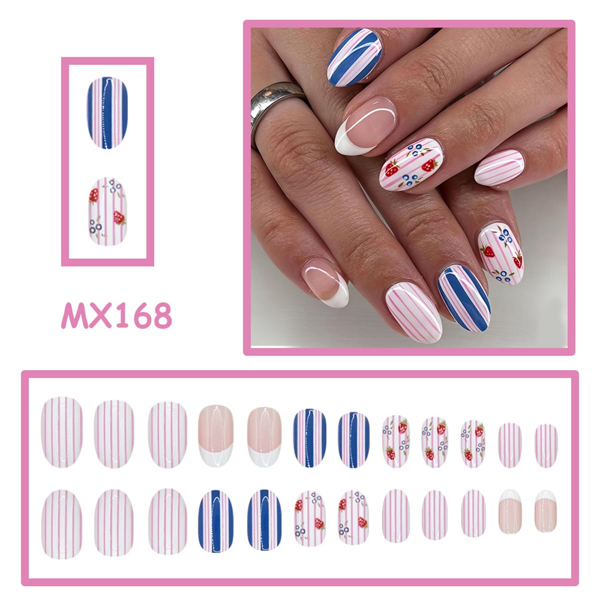 Cute Press on Nails Short Oval Fake Nails French Tip False Nails Press ons with Fruit Design Spring Summer Glue on Nails Artificial Acrylic Stick on Nails for Women Girls Manicure Kit 24Pcs
