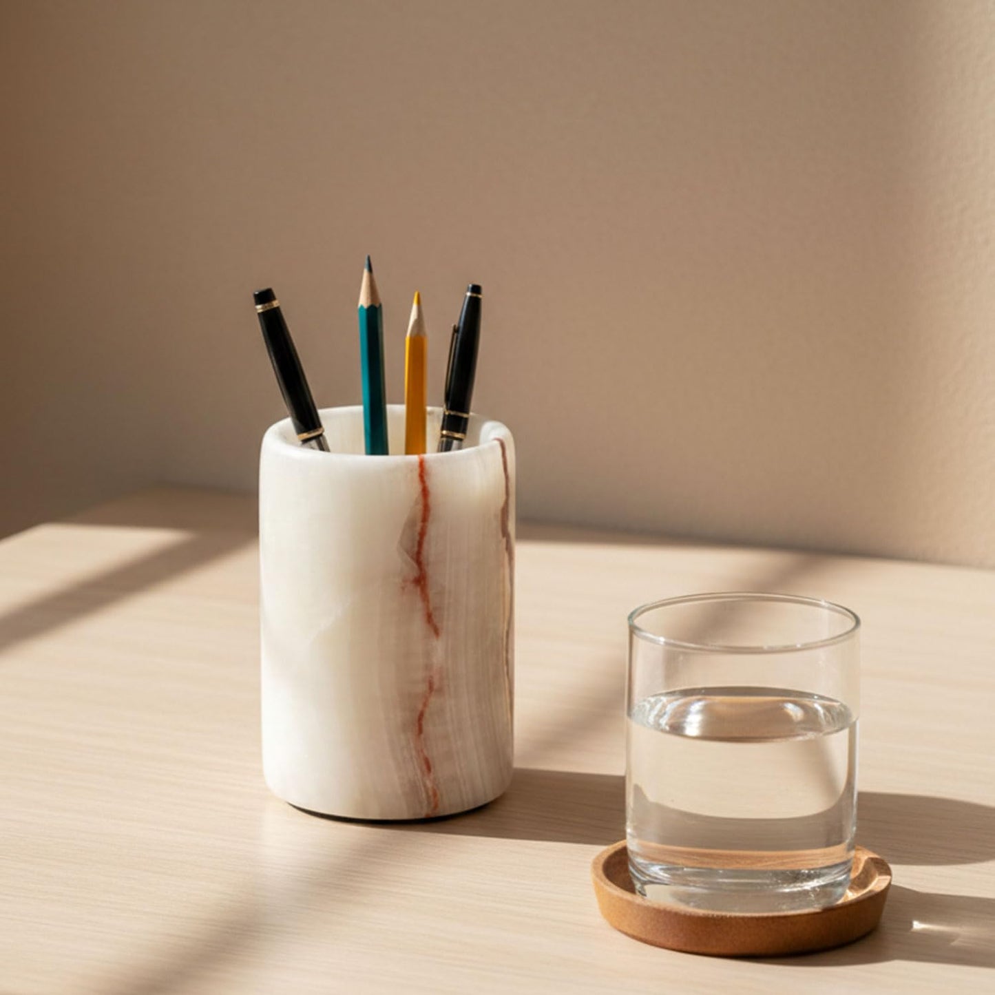 Radicaln Marble Pen Holder For Desk 4" Inches White Onyx Handmade Stationary Holder For Study Room, Ideal Pencil Holder & Desk Organizer, Use for Office Supplies