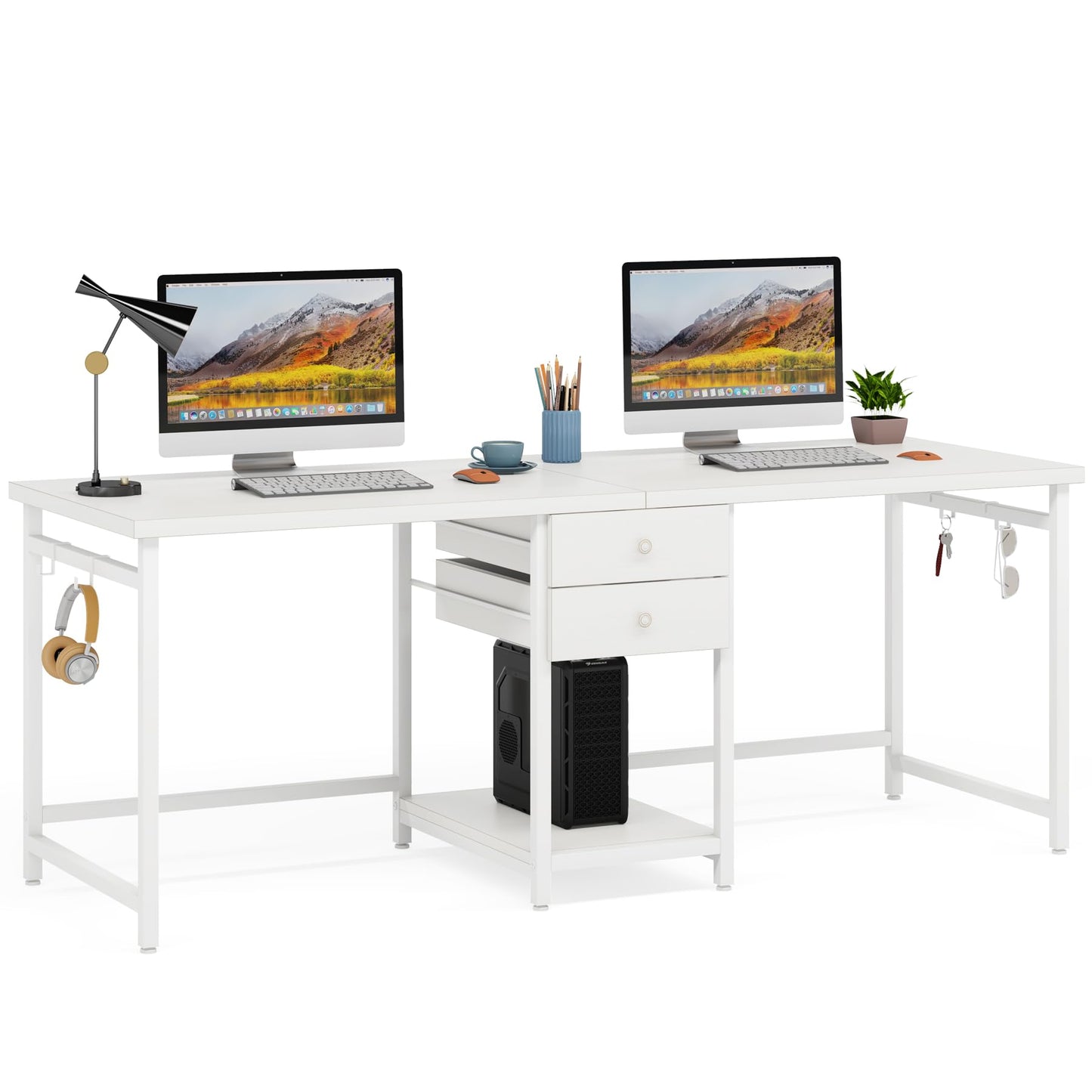 Tribesigns 79 Inch Extra Long Double Desk with 2 Drawers, Two Person Computer Desk with Storage Shelves, Writing Table Study Desk for Home Office, White