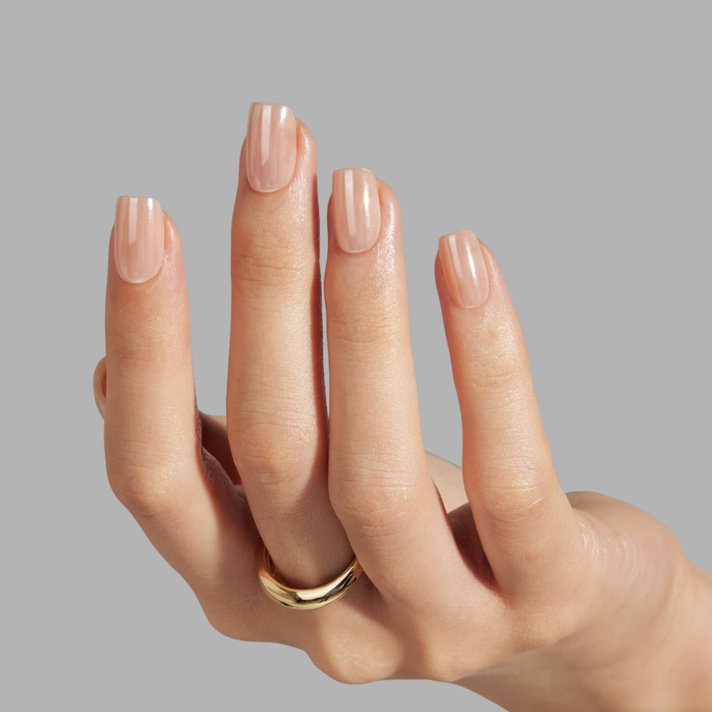 LAMIMOSA 32Pcs Chrome Nude Press On Nails Short Square - Soft Gel Fake Nails in 16 Sizes, Reusable Glue on Nails kit in Glazed Finish, CHAMPAGNE