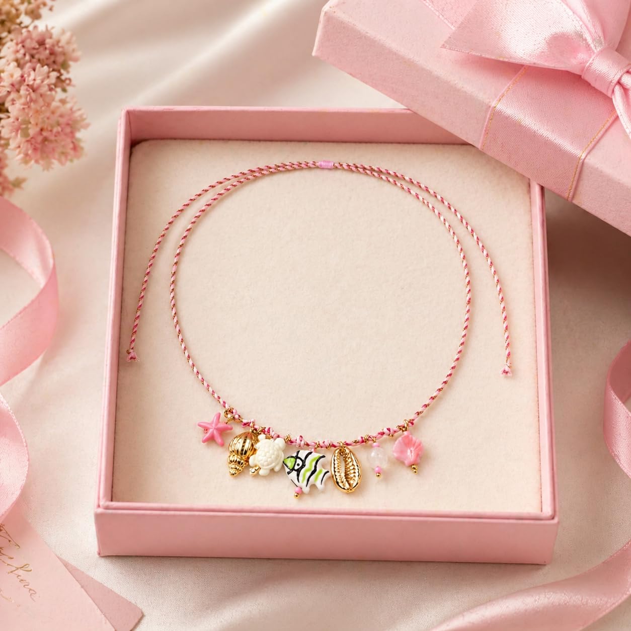 Tyebiva Cute Ocean Pendants Braided Pink Rope Necklace for Women, Summer Beach Boho Adjustable String Choker with Starfish Seahorse Fish Shell Charm Holiday Vacation Jewelry Gift