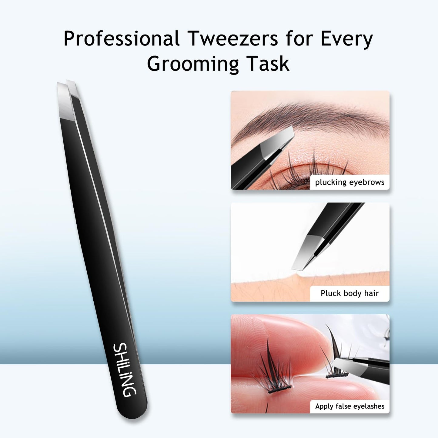 Shiling Professional Eyebrow Tweezers for Women and Men, Black Stainless Steel Slant Tip, 1mm Ultra-Thin Precision Tip, Anti-Rust, Facial Hair Removal Tool