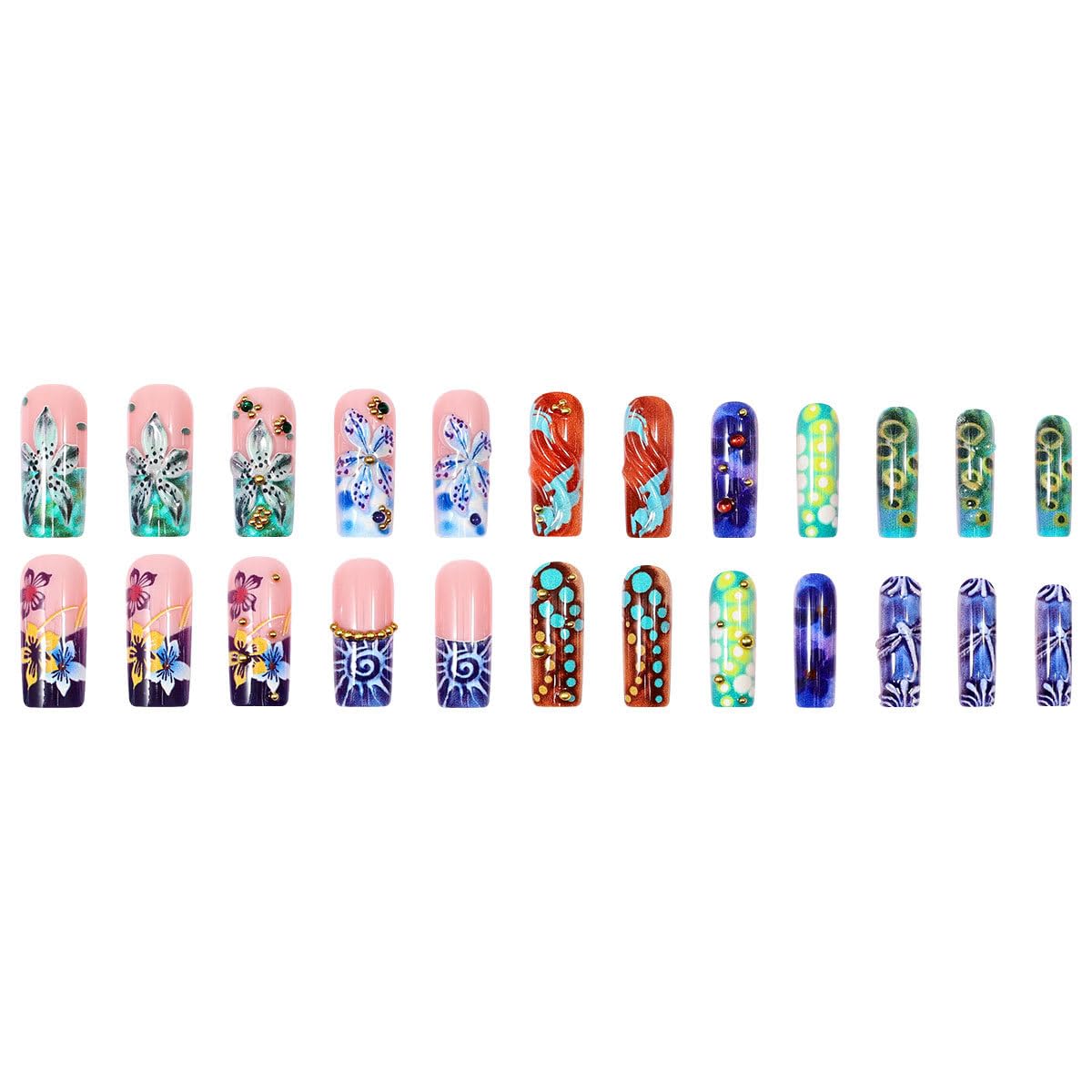 plalely Long Square Press on Nails,Handmade Acrylic Press on Nails with Designs，Long Press on Nail for Women 24pcs