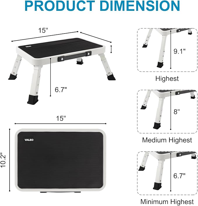 Valeo Folding Step Stool, Adjustable Step Stool with Non-Slip Platform, 500 Lbs Capacity, Step Ladder for Adults or Kids in Kitchen, Bathroom, RV, Camping, Office, White