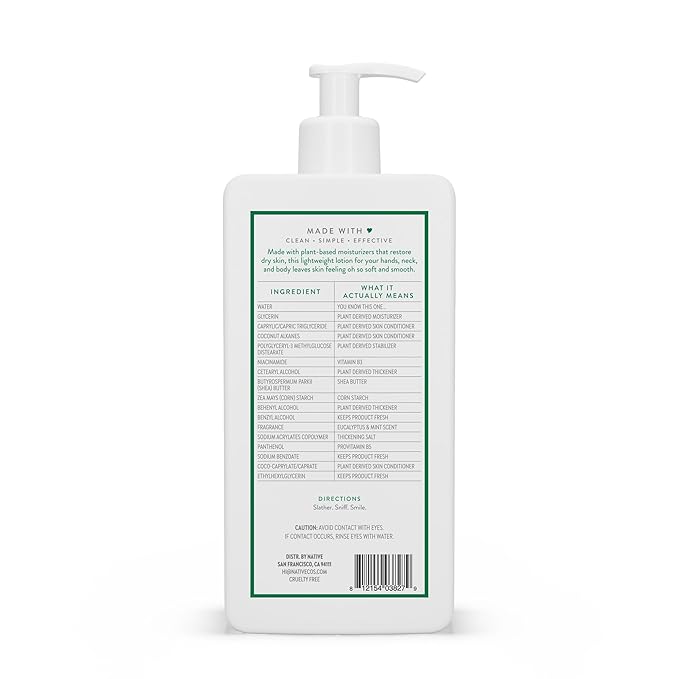 Native Body Lotion Contains Naturally Derived Plant-Based Moisturizers for Women and Men | Restores Dry Skin, Eucalyptus & Mint, 16.5 fl oz