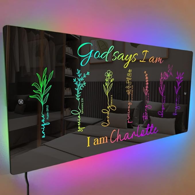 I Am Mirror - Personalized Affirmation LED Light - RGB Name Light Up Sign for Wall - Handmade Led Mirror for Bedroom