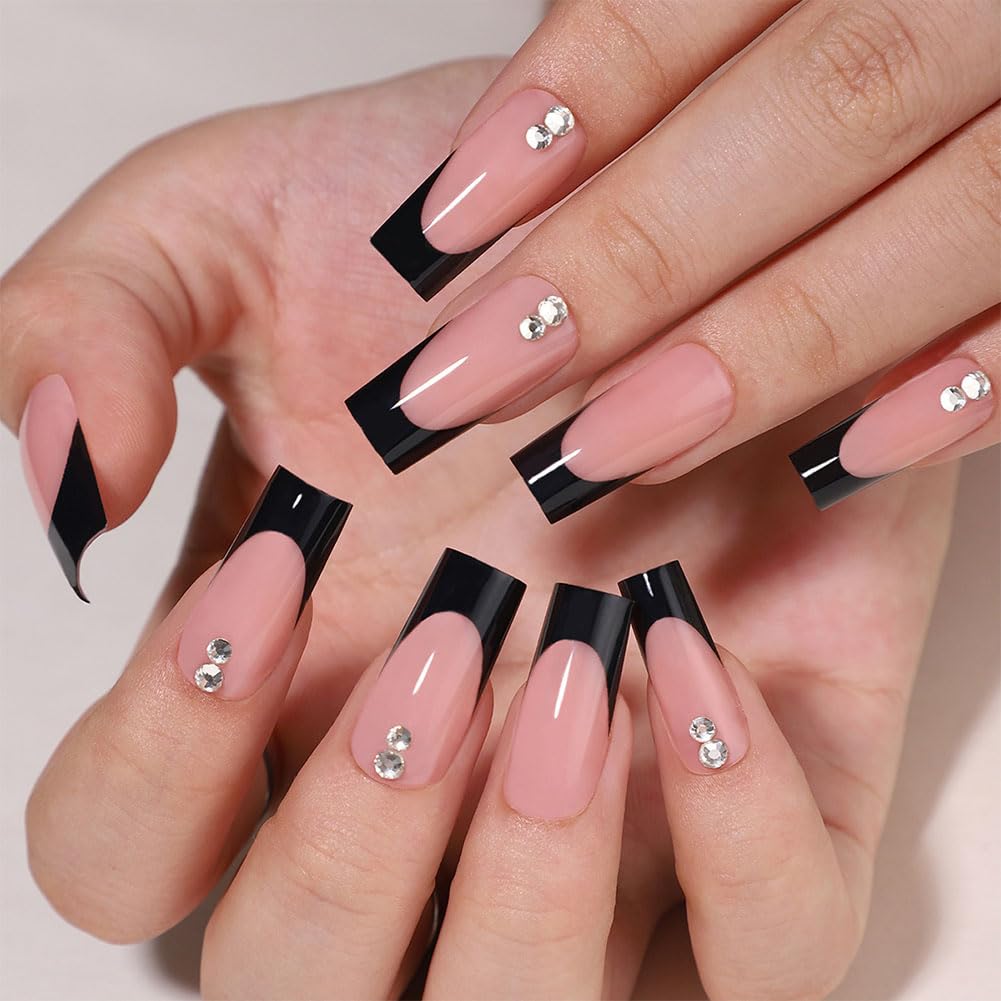 WAFOLOZE Black French Tip Press On Nails - Long Press On Nails Square Fake Nails with Two Crystal Diamonds, Artificial Nails 16 Sizes - 32Pcs False Nails Tips Kit, Stick On Nails for Women