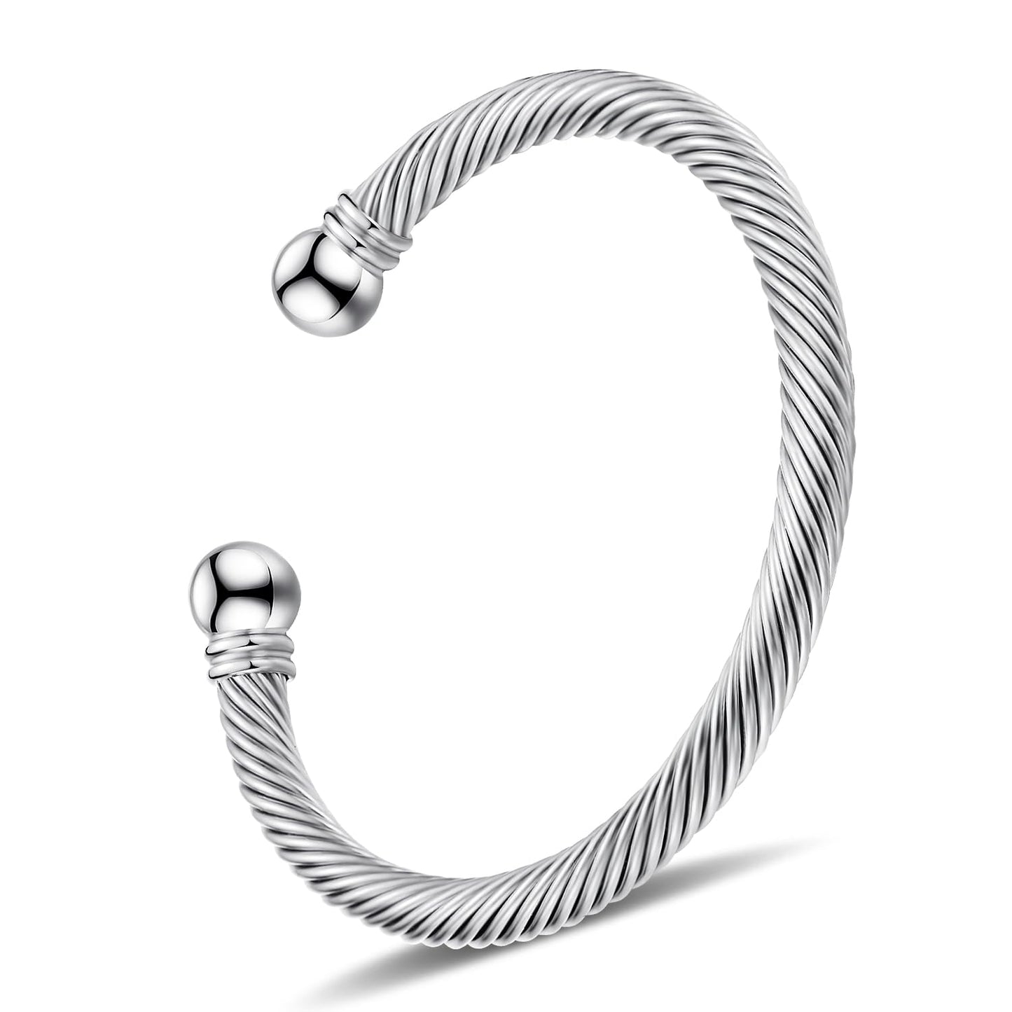 Adjustable C-Shape Open Cuff Bangle, Twisted Cable Bracelet for Men & Women, Chic Stainless Steel Unisex Jewelry Gift for Him Her, Unique Anniversary Present (Silver)
