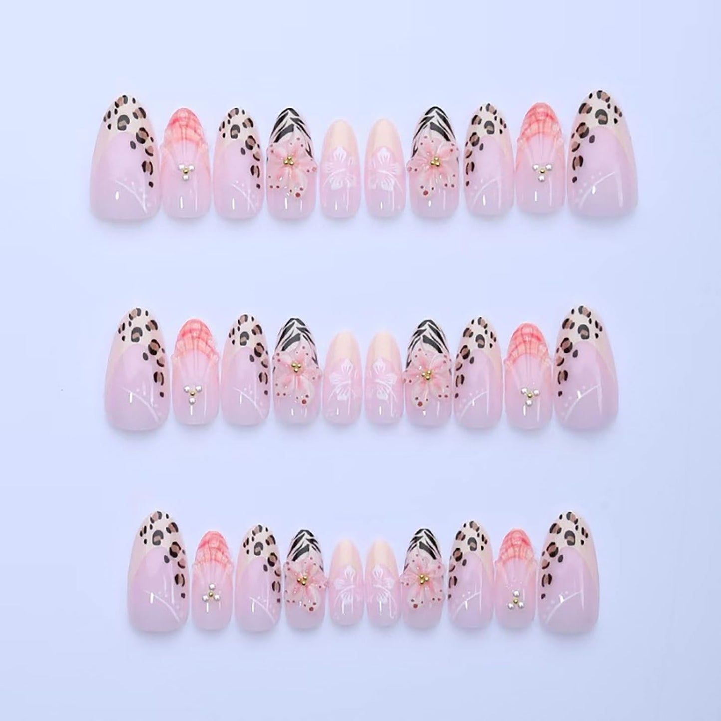30pcs Press On Nails Medium Almond Fake Nails Press Ons With Flower Pearls Design French Leopard Print Acrylic Nails Pink Glossy False Spring Summer Glue On Nails For Women Manicure Decorations