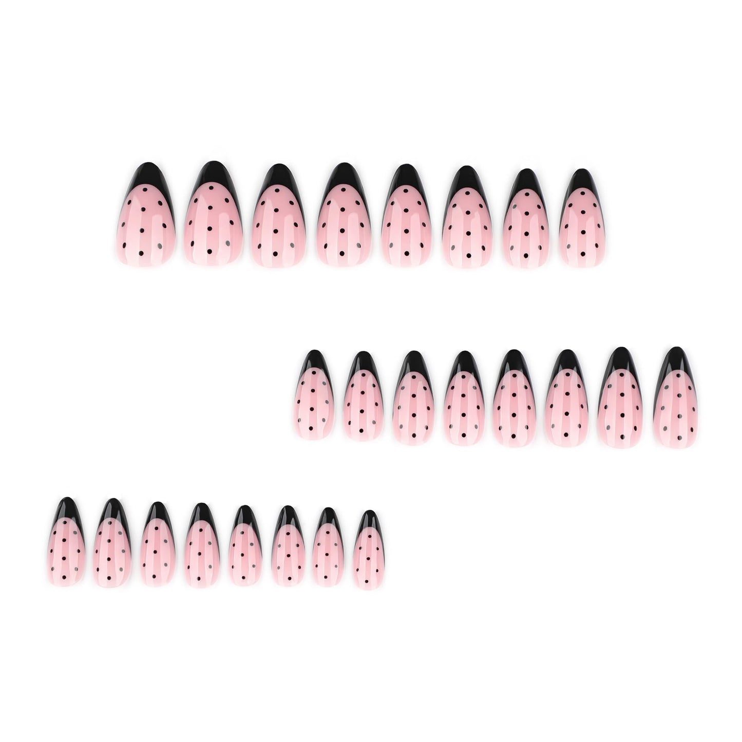 Black French Tip Press on Nails Almond - Medium Fake Nails with Spot Design - Glossy Full Cover Stick on False Nails - for Women 24 Pcs