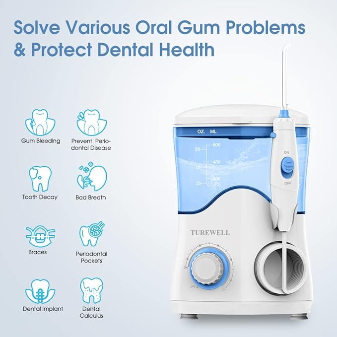 TUREWELL FC162 Water Dental Flosser for Teeth/Braces,10 Pressure Levels, 8 Water Jet Tips for Family, 600ML Electric Water Dental Oral Irrigator for Teeth Clean (White)