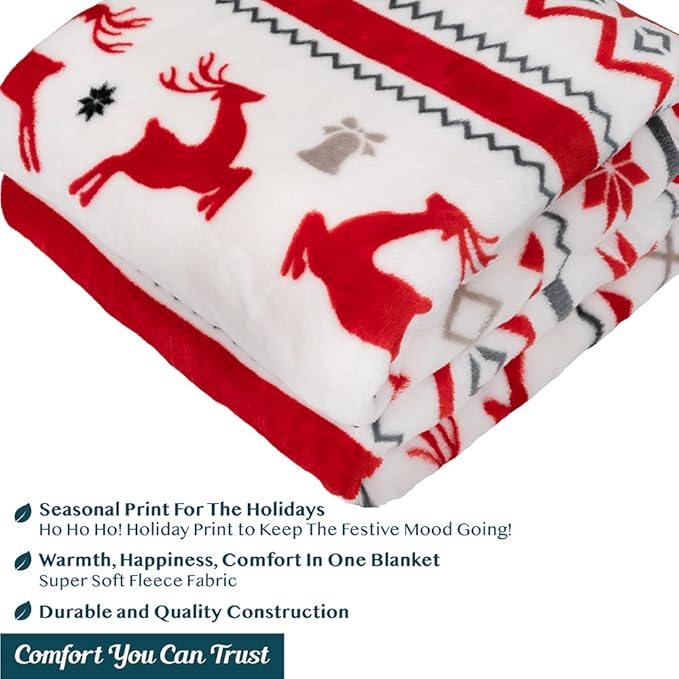 PAVILIA Christmas Throw Blanket | Holiday Christmas Reindeer Snowflakes Fleece Blanket | Soft, Plush, Warm Winter Cabin Throw,60x80 (White Reindeer)