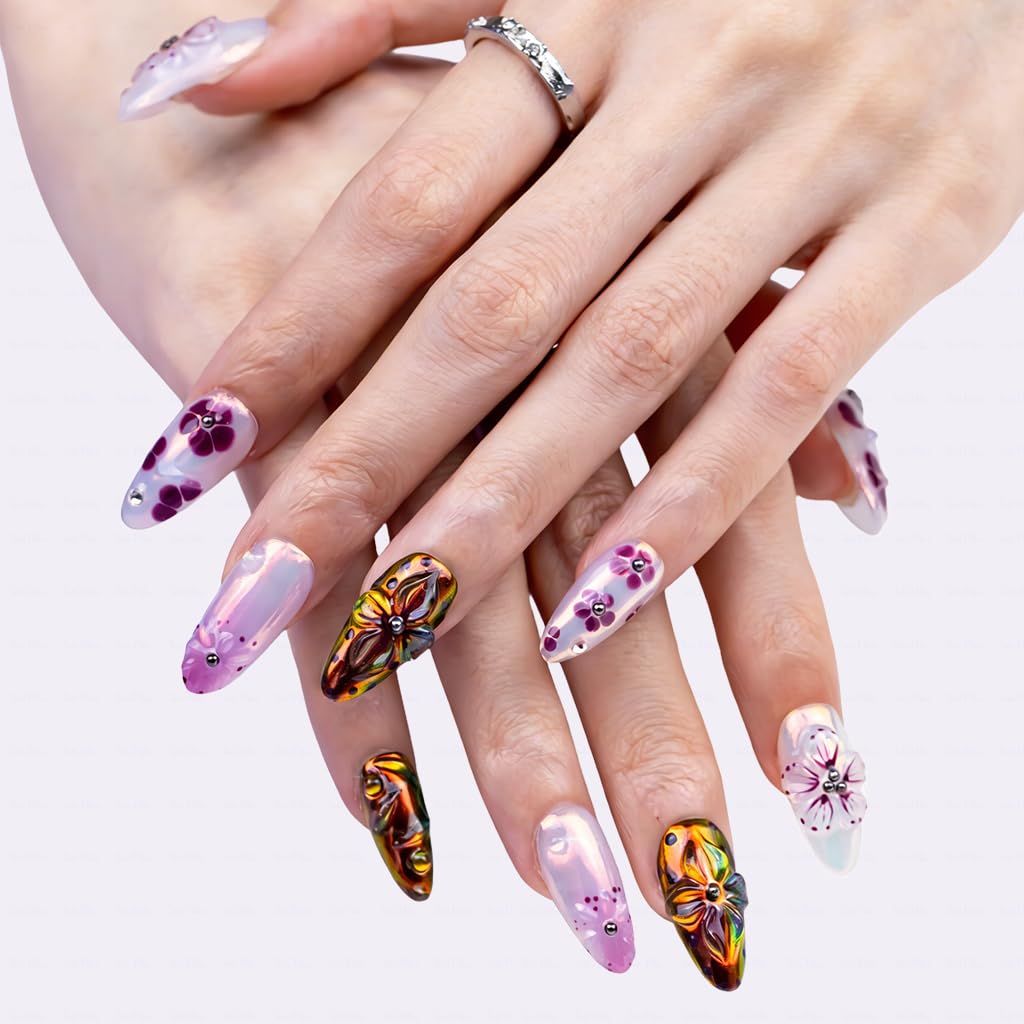 IntoVibes 10 Pieces Handmade Press On Nails Medium Almond, Purple Thickened False Nails With Floral Decoration, Reusable Fake Nails Almond, Reusable Acrylic Nails (S)