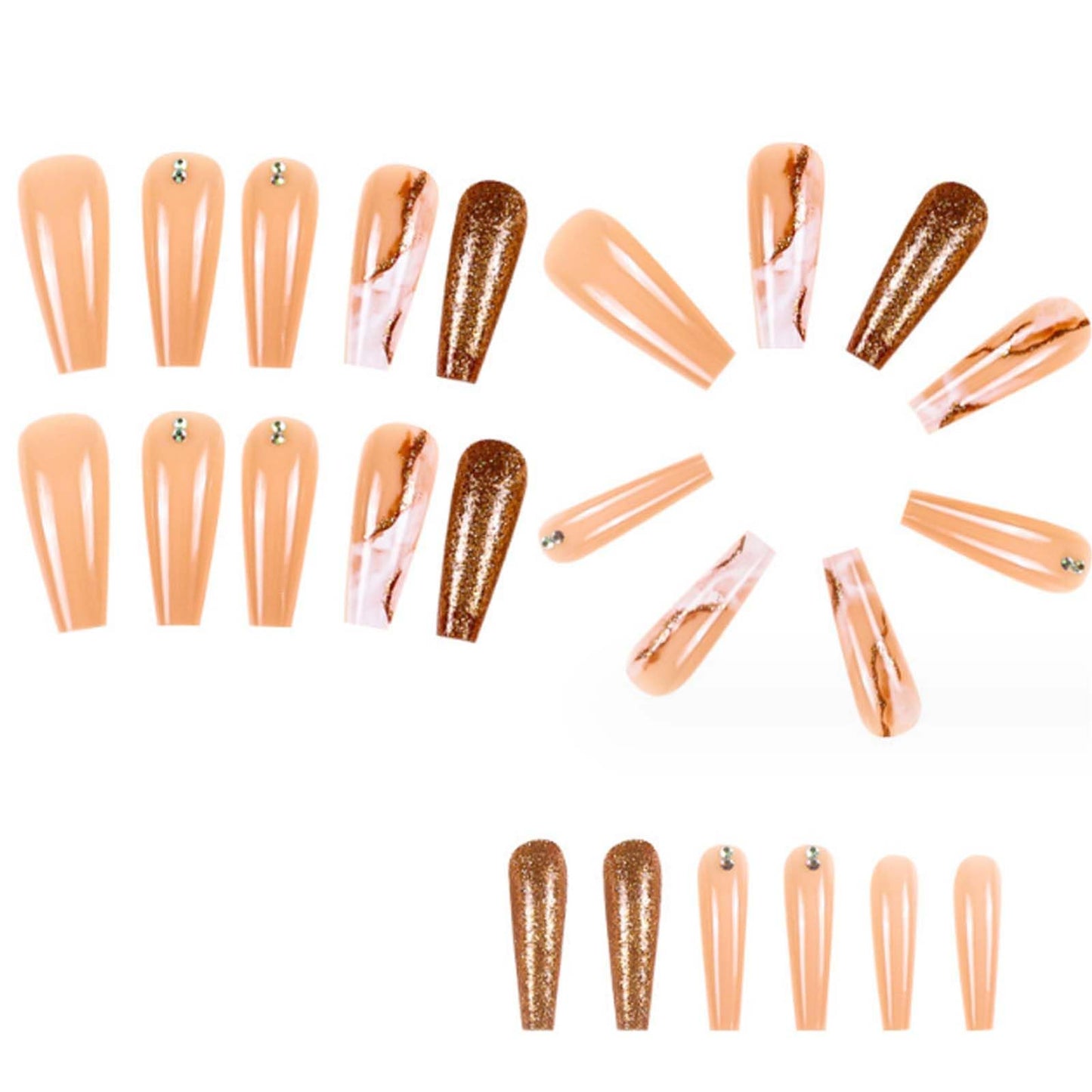 DANMANR Long Press on Nails Marble False Nails Art Full Cover Acrylic Coffin Orange Fake Nails for Women and Girls 24PCS