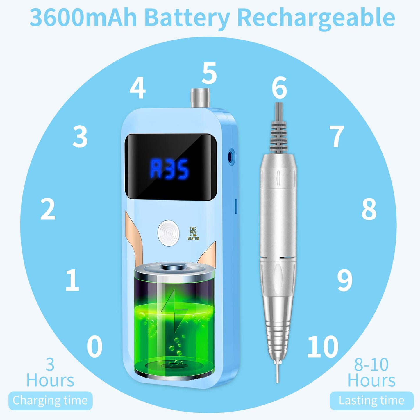 Portable Nail Drill Professional 35000 RPM, MOCOWIND Rechargeable Electric Nail File Machine E File for Acrylic Gel Polishing Removing, Cordless E-File with Bits Kit for Manicure Salon Home, Blue