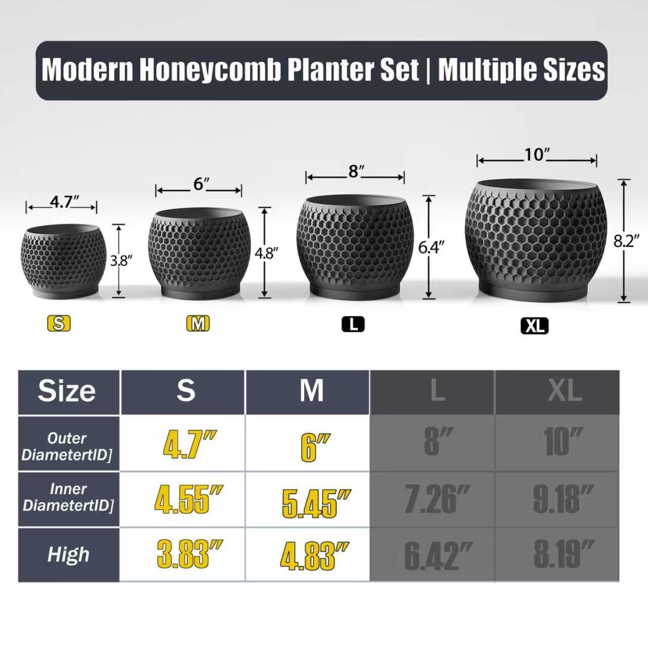 Fabix3D Plant Pots, Modern 3D Printed Honeycomb Planters for Indoor Plants, 4.7/6 Inch Matte Black Decorative Flower Pot for Office Desktop, Bookshelf & Home Decor, Lightweight & Durable.