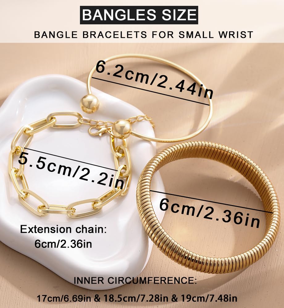 Chunky Gold Bangle Bracelets for Women, Dainty 14k Gold Plated Stackable Chain Bracelet Set, Trendy Statement Cuff Ball Bangles Stack Jewelry