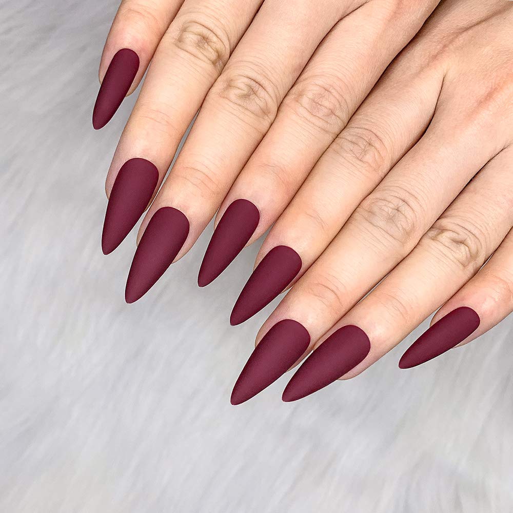 Morily Press-On Nails Bundle | Black Stiletto Matte & Wine Red Stiletto Matte | 24Pcs Each Set, Medium Length Long False Fake Nails