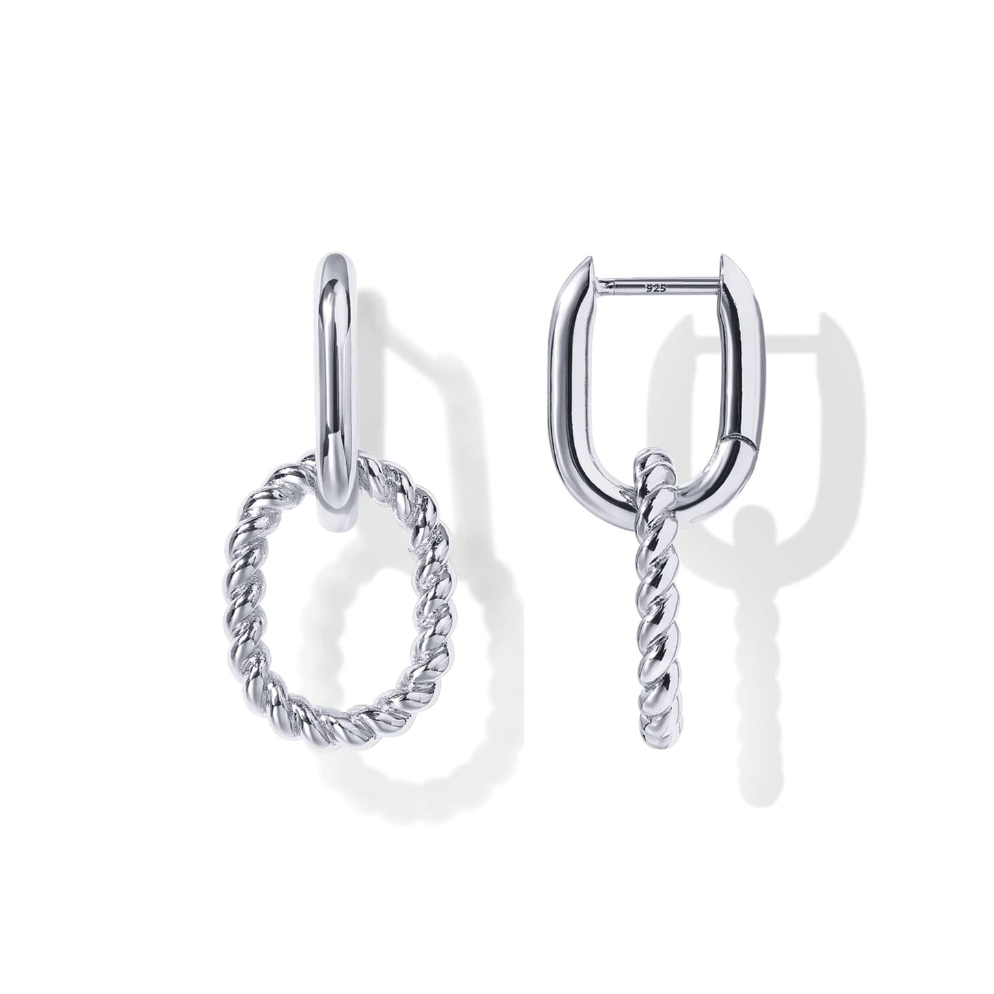 PAVOI Rhodium Plated Convertible Twisted Rope and Plain Paperclip Link Earrings for Women - Braided Drop Dangle Huggie Hoop Earrings