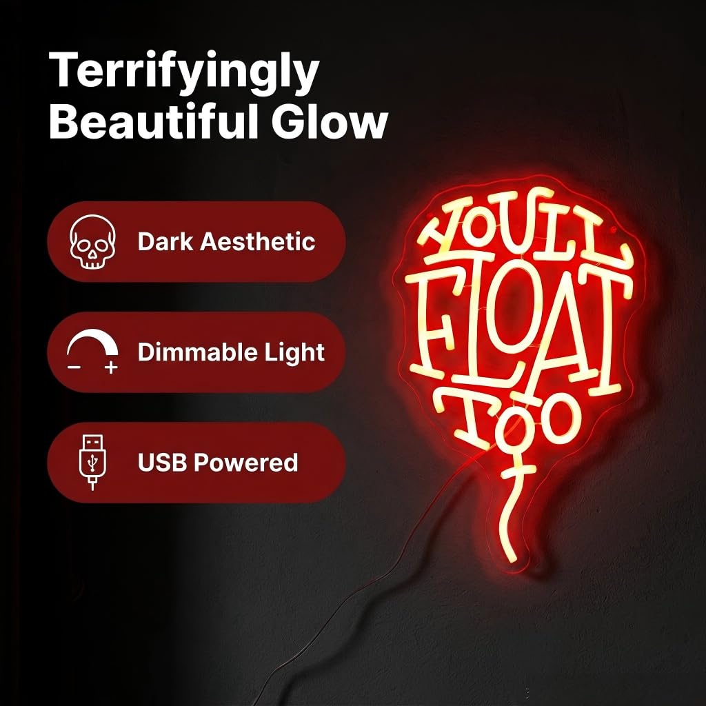 You'll Float Too Neon Sign, Dimmable LED Wall Light, USB Powered Horror Movie Decor for Gothic Room, Creepy Clown Fans, Spooky Halloween Wall Art & Scary Gift