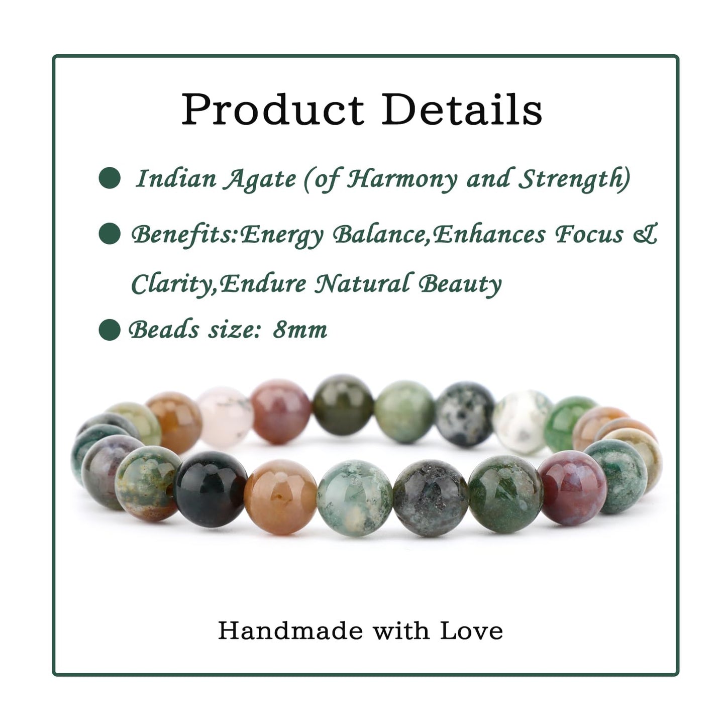 Bymitel 8mm Indian Agate - Handmade Reiki Gemstone Stretch Bracelet, Natural Beauty & Spiritual Essence, Crystal Healing for Unisex Adults
