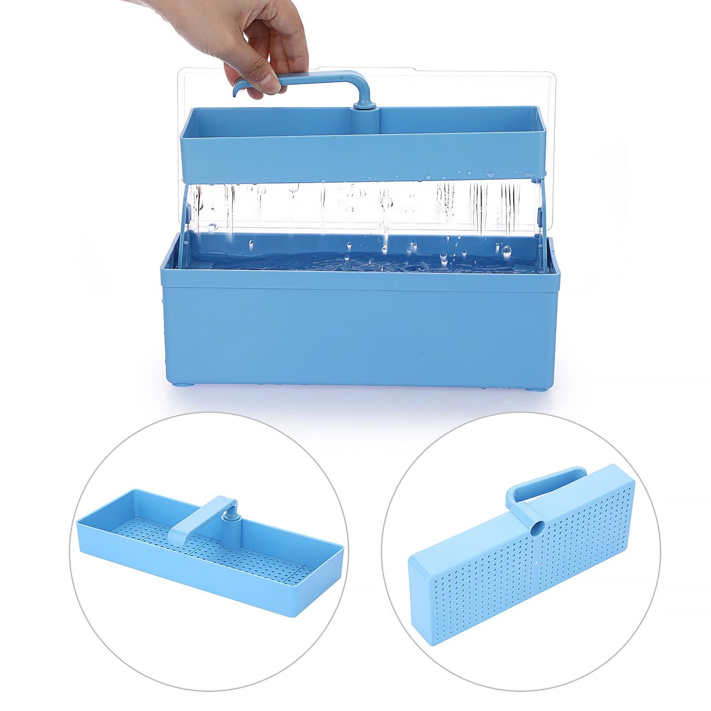 JUXYES Plastic Sterilizing Tray for Nail Art Accessories Tools, Portable Nail Art Tool Sterilizer Tray with Strainer, Storage Box Tool Box for Tweezer Manicure Tools Pedicure Tool