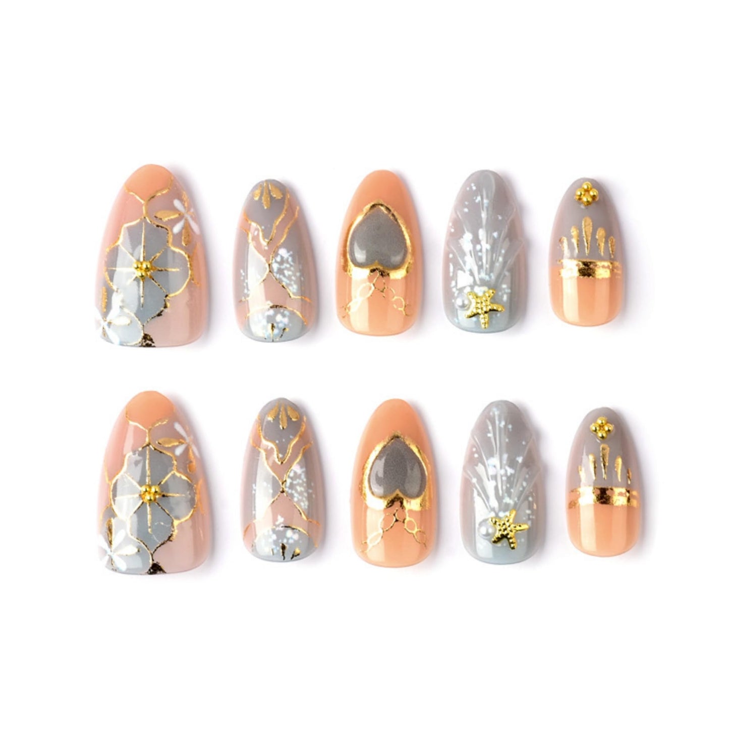 octoswave Press on Nails Medium Almond Fake Nails 3D Artificial Nail Blue Love Gold Charm Stick on Nail for Women 30pcs