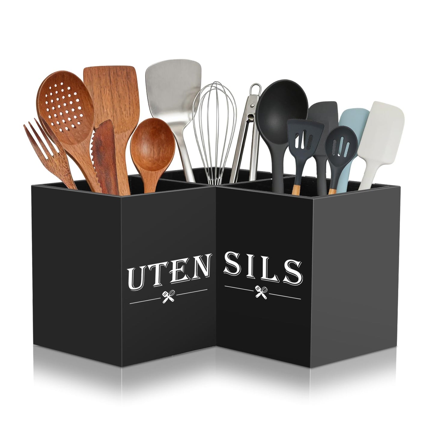 Himake Large kitchen Utensil Holder, Wooden Utensil Organizer for Kitchen Countertop, Spatula and Spoon Cooking Holder with 3 Compartments, Black
