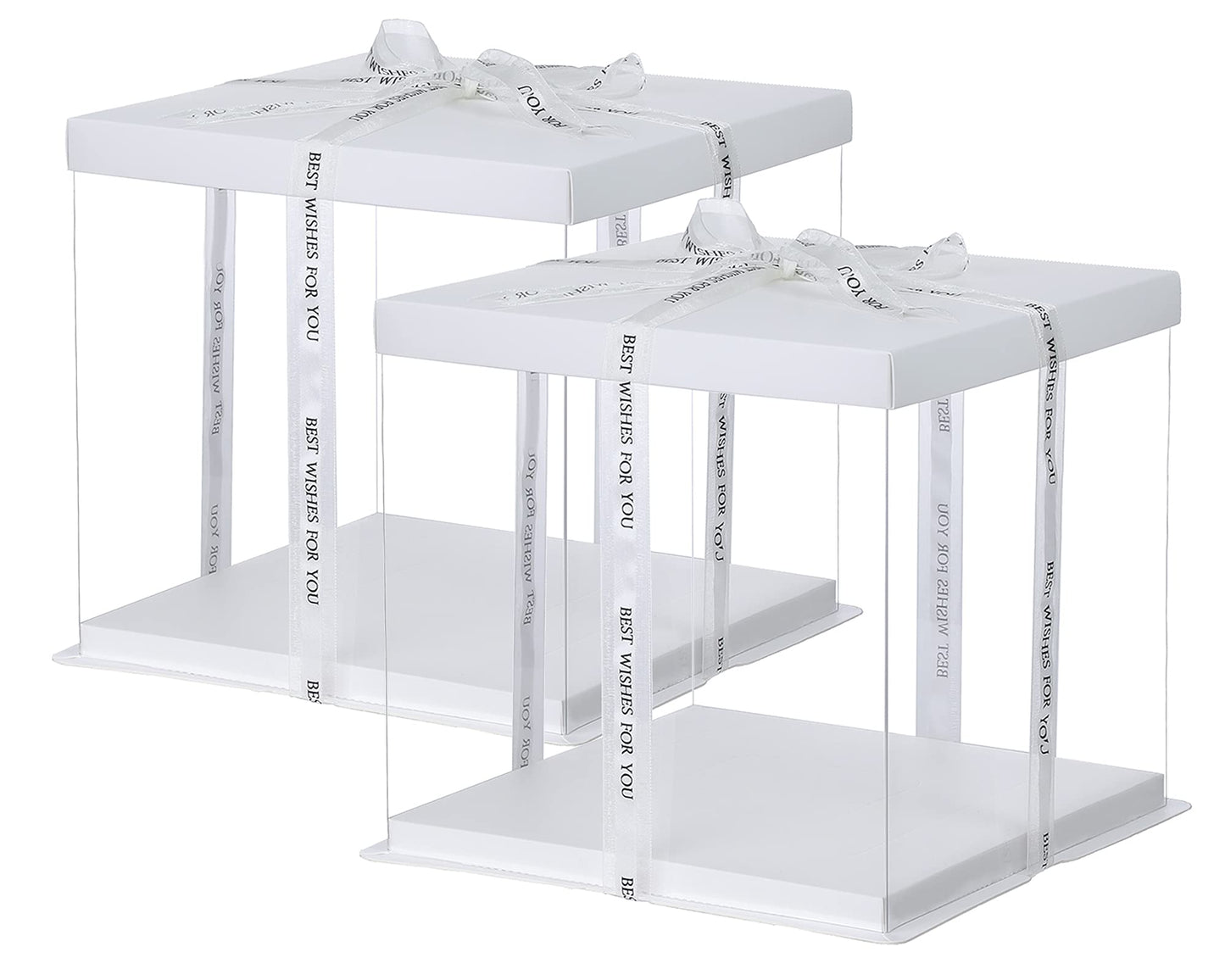 XININSUN 2Pcs Large Cake PET Clear Box, 10" X 10" X 9" with ribbon and pre-folded lid, for 8" cake packing carry, baking cookie display, Carry Tall Layer Gift, Festive Gift Box -White