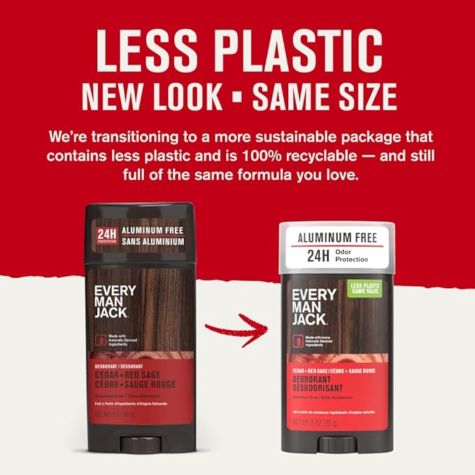Every Man Jack Cedar + Red Sage Men’s Deodorant - Aluminum Free Deodorant - 24-Hour Odor Protection w/Naturally Derived Ingredients - 3oz (2 Pack)