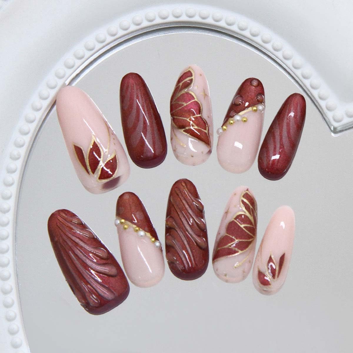 LINMEIZAI 24 Pcs Spring Press on Nails Short Almond Nude Fake Nails Press ons Nail Tips Glossy Butterfly Stick on Nails Acrylic Nail Kit with 3D Leaf & Gold Line Design False Nails Nail Art for Women