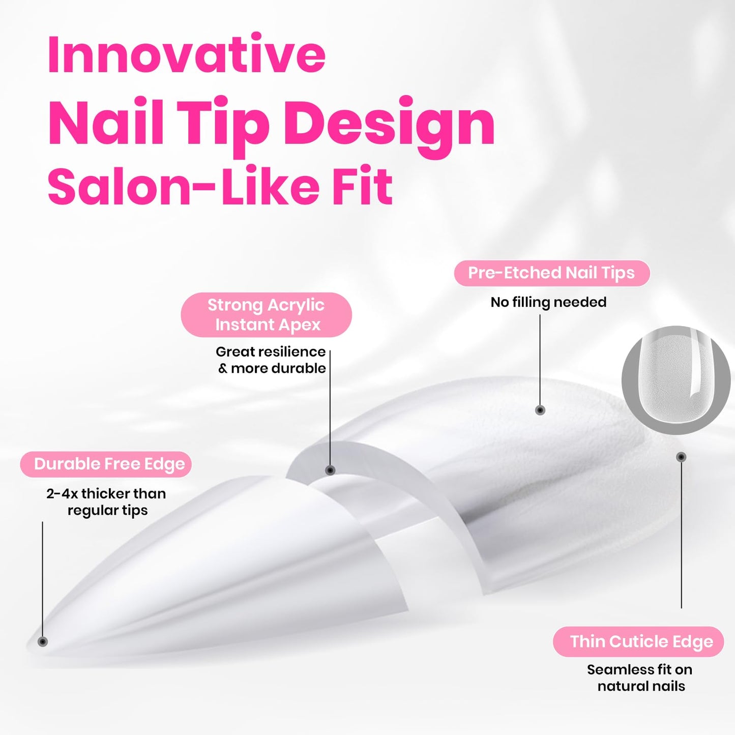 Beetles Tipex Lite Heart Cutout Nail Tips, Pre-Built Instant Apex Almond Medium, 16 Sizes 256pcs, Flat Nail Friendly Acrylic Tips, Easy DIY for Beginners