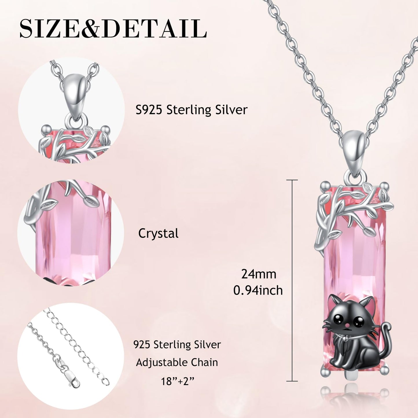 AENEAS Black Cat Necklace 925 Sterling Silver Cute Black Cat Pendant Necklace Pink Crystal Jewelry Gifts for Women Wife Daughter