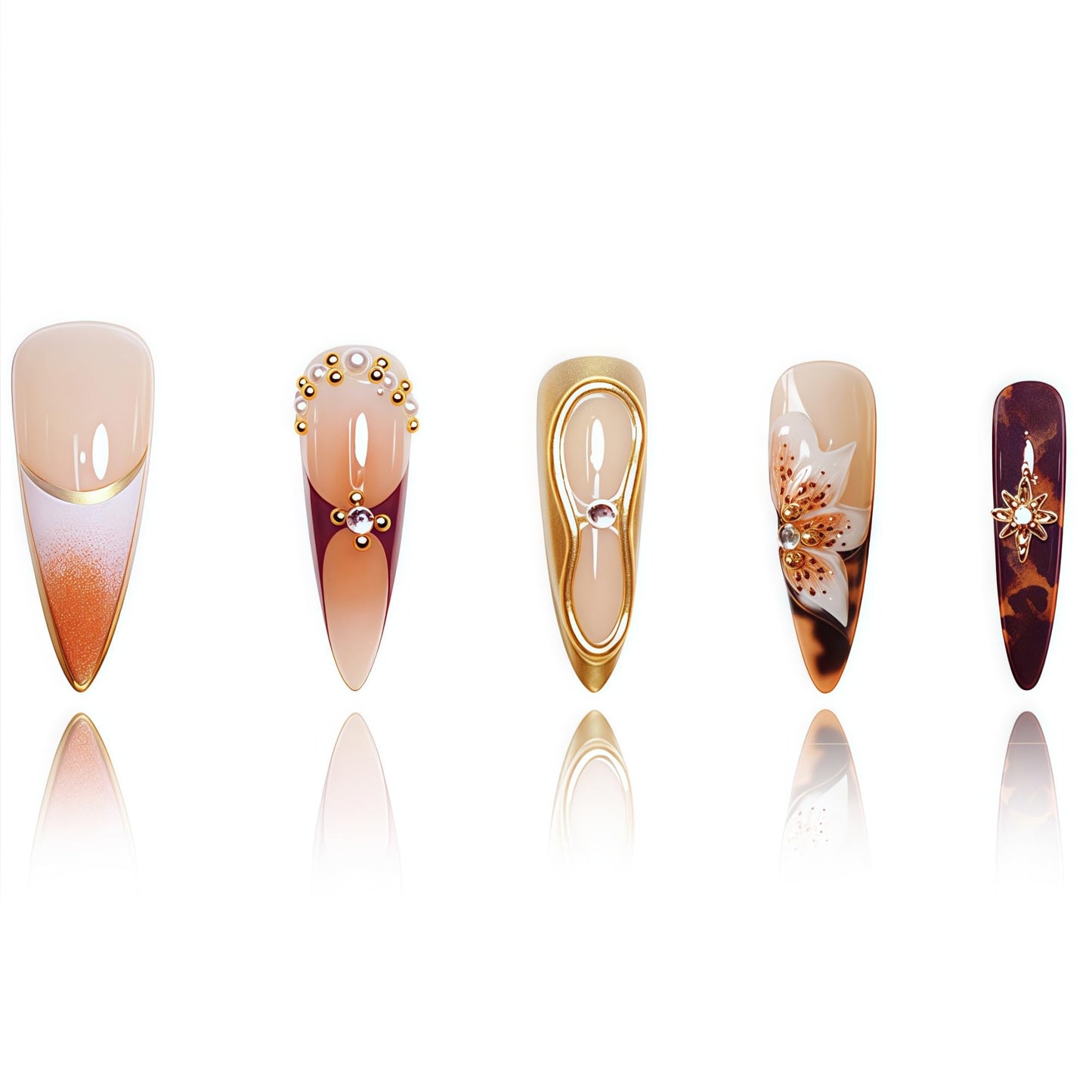Long Press on Nails Almond Fake Nails Brown False Nails Flowers Artificial Nails with Gold Charm Designs Summer Handmade Nails 3D Floral Stick on Nails for Women 24pcs
