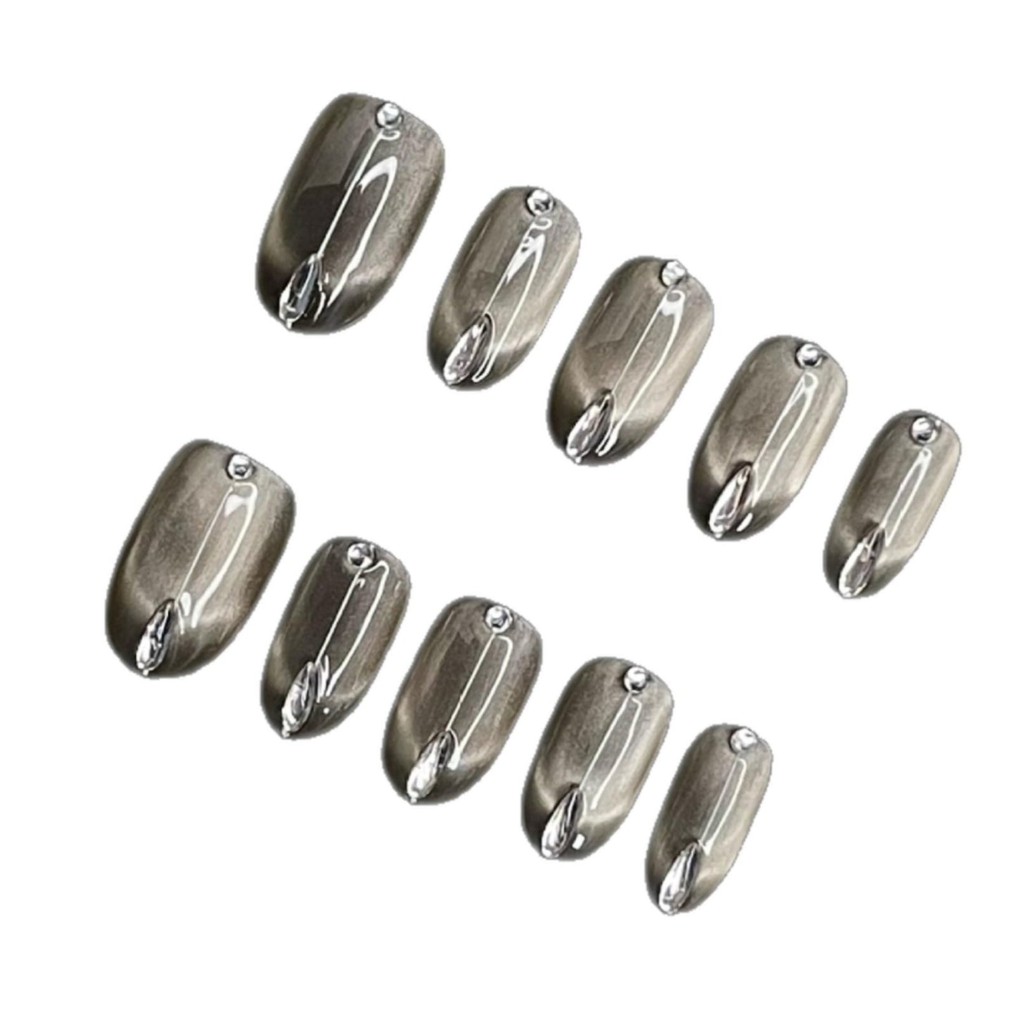 Fake Nails Short Chrome, Press on Nails, Matte Silver Gray Metallic with Transparent Drop & Round Gems, Elegant Oval Shape for Women & Girls (S)
