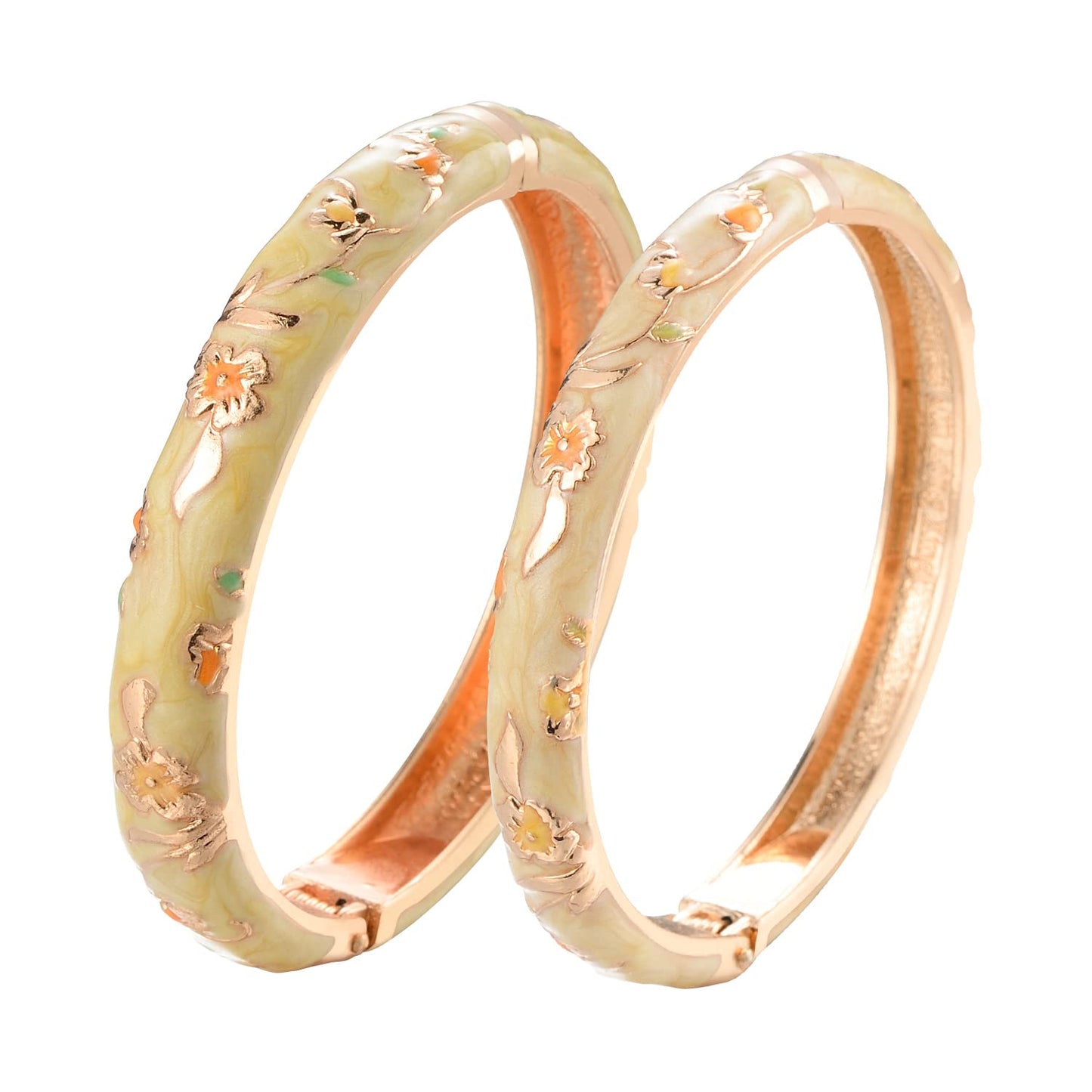 UJOY Designer Bracelet Flower Enameled Jewelry Spring Hinge Cuff Cloisonne Bangles Set Gift Box Packed 55A111-55B31 Cream Yellow
