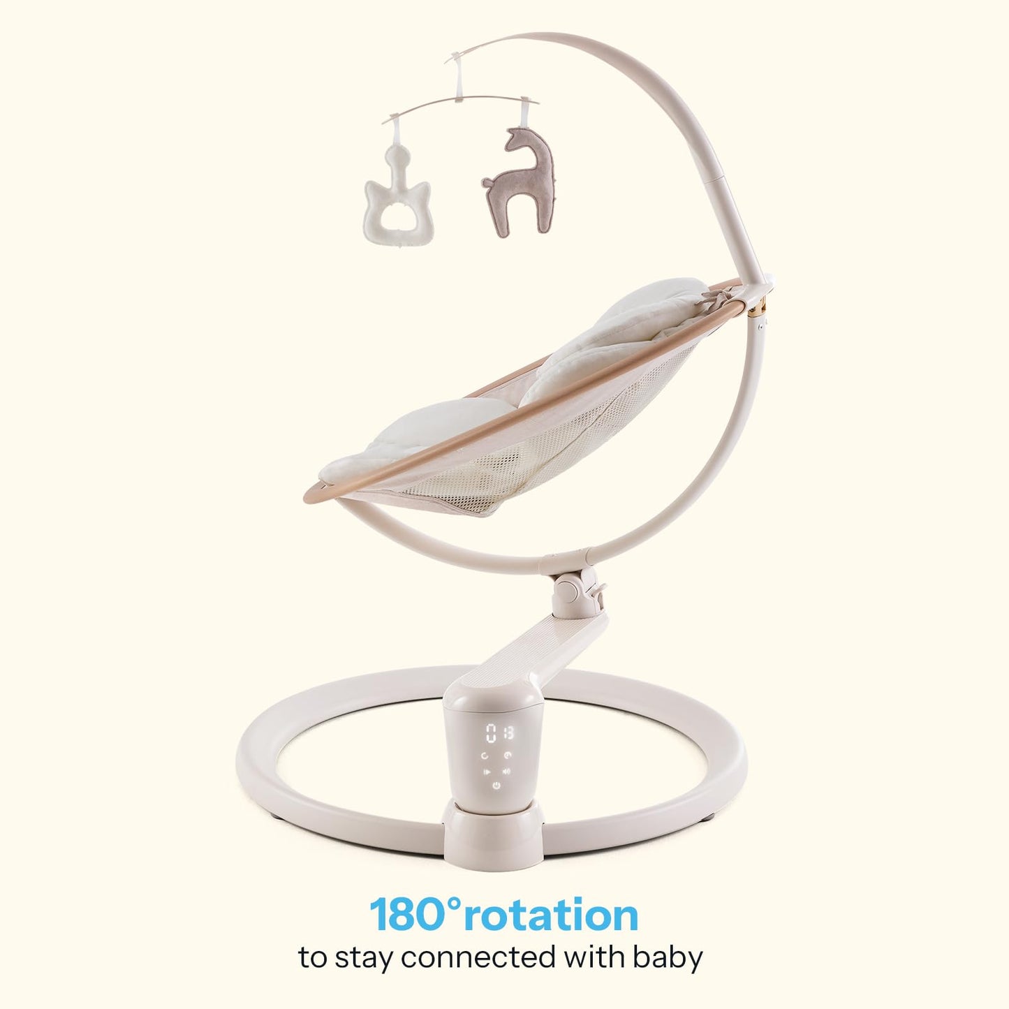 HARPPA Weddell Signature Baby Electric Swing for Newborns and Infants, Elevated Eye-Level Seat, 180° Rotation with Dual Motion, 5-Point Harness, 5 Speeds & Remote Control, Beige