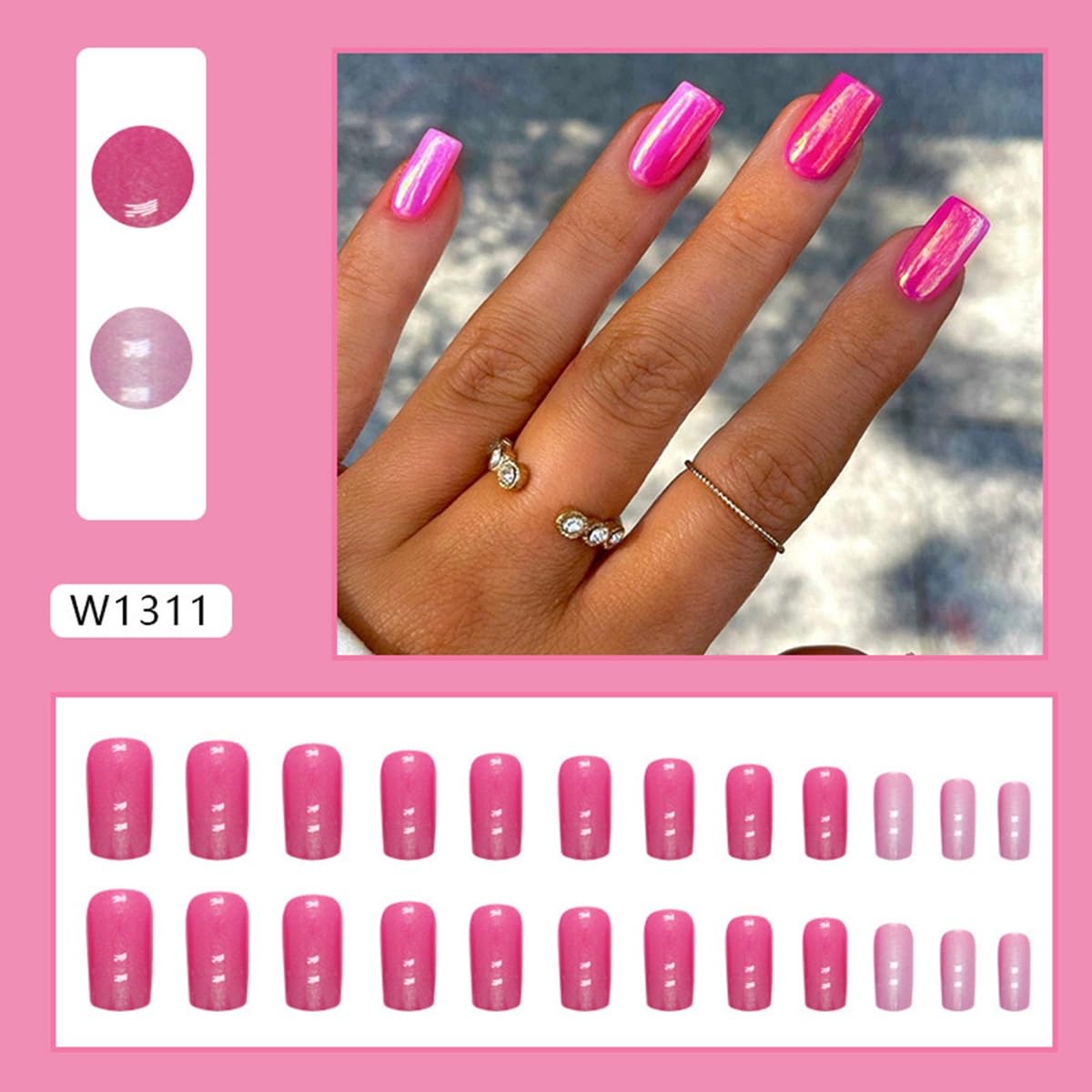 Hot Pink Press on Nails Square - Medium Fake Nails with Chrome Design - Glossy Full Cover Stick on False Nails - for Women 24 Pcs