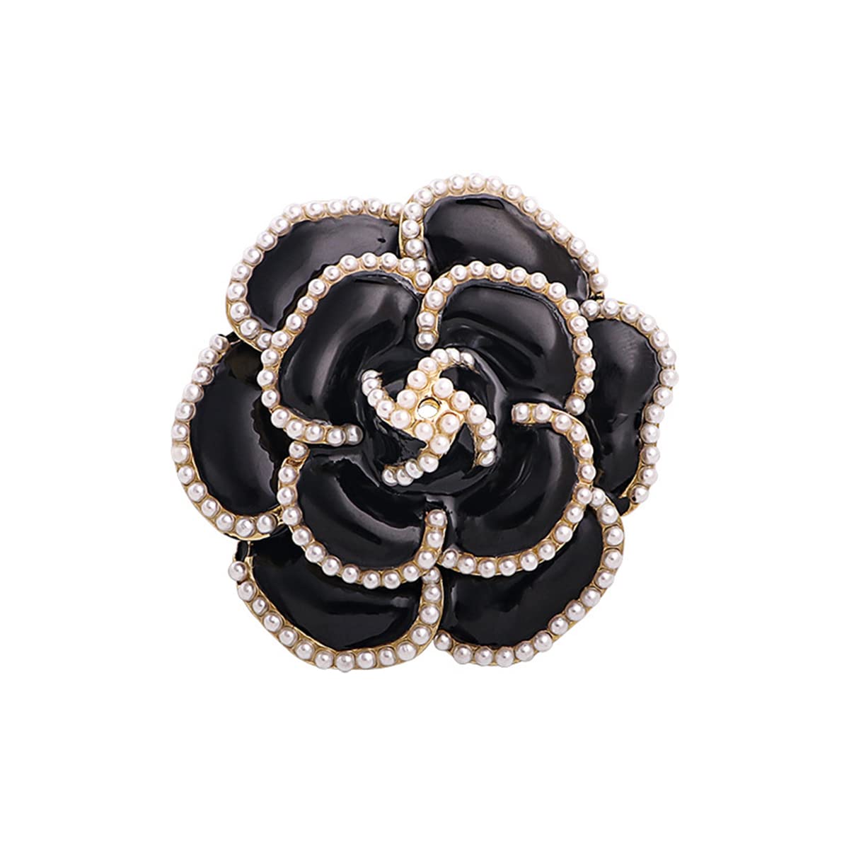 Enamel Camellia Pearl Brooch - Elegant Petal Pin Wedding & Party Brooch Gift (Black)